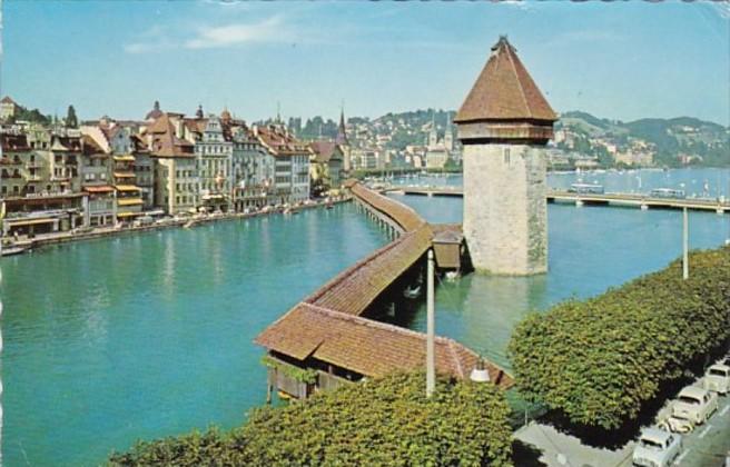 Switzerland Luzern Kapellbruecke und Wasserturm 1965