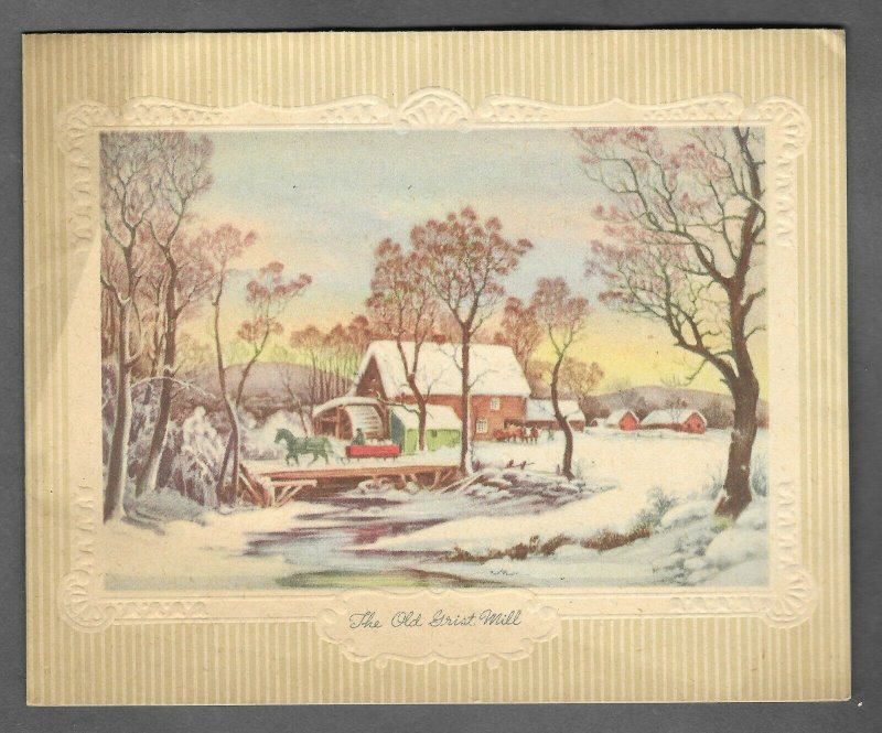 VINTAGE 1940s WWII ERA Christmas Greeting Holiday Card THE OLD GRIST MILL Gibson