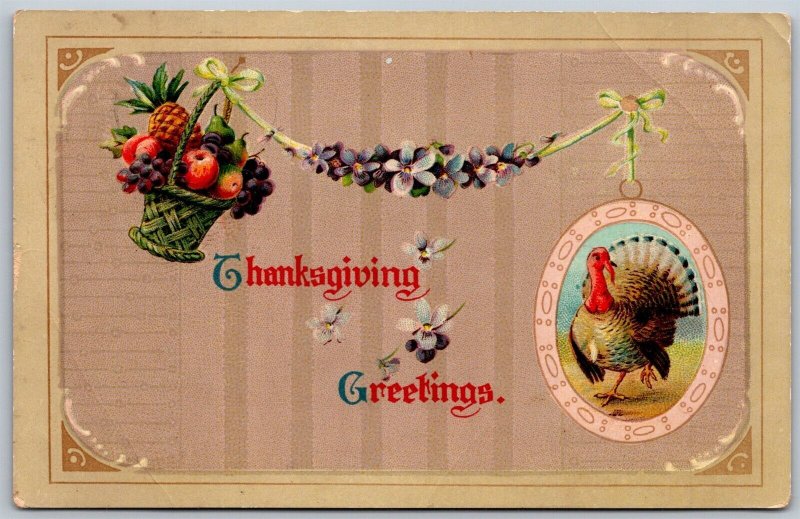 Vtg Thanksgiving Greeting Fruit Basket Harvest Turkey 1910s WInsch Back Postcard
