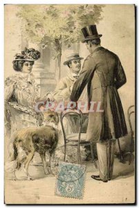 Old Postcard Fantasy Woman Man Dog (raised)