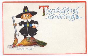 Thanksgiving Pilgrim Boy Turkey AS Bernhardt Wall Vintage Gibson Postcard