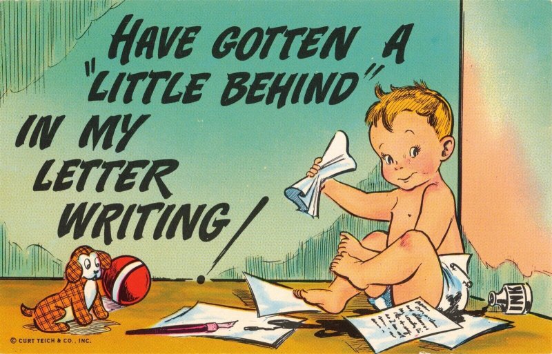 Baby in Diapers Ink Pen and Bottle Dog Ball Comic Postcard 2R5-428 