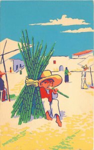1940s Silkscreen Art Postcard Mexico Little Boy Sells & Eats Sugarcane in Plaza