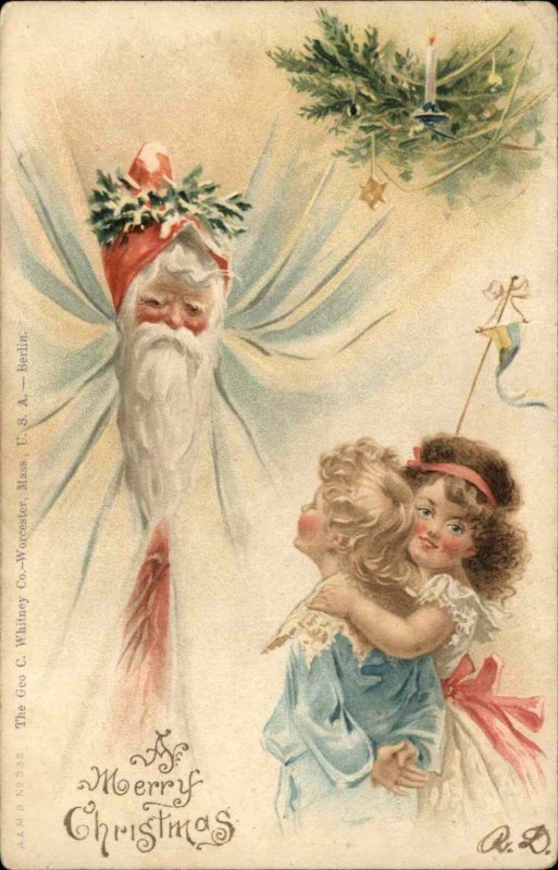 Christmas Santa Claus Appears to Little Girls Behind Curtain Vintage Postcard