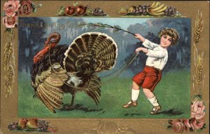 Thanksgiving Little Boy Lassoes Turkey c1910 Vintage Postcard