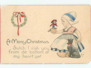 Pre-Linen Christmas signed WALL - BLACK CAT & GIRL WITH JACK-IN-THE-BOX AB5417