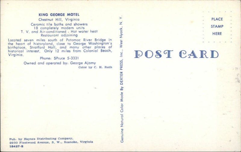 Chestnut Hill VA King George Motel Old Postcard