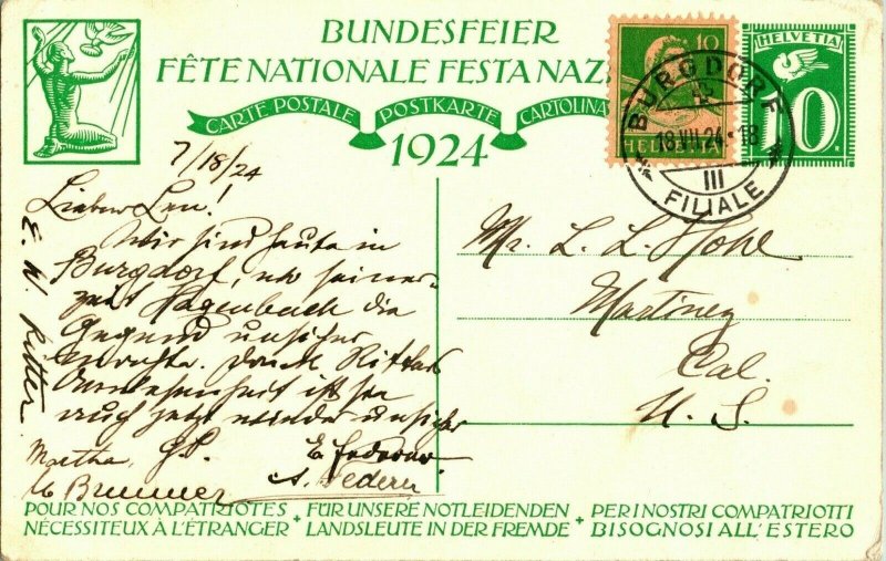 Vtg Postcard 1924 Bundesfeier Switzerland Artist Signed August Herzog