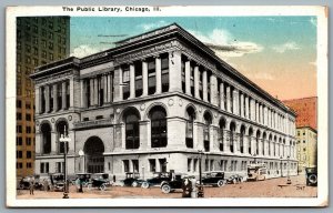 Postcard Chicago IL c1919 The Public Library Old Cars
