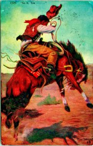 Artist Signed F W Schultz Cowboy Bucking Bronco Keep Your Seat 1910s DB Postcard