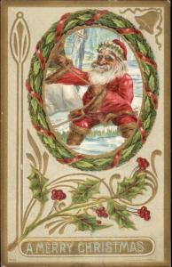 Christmas - Santa Claus in Northpole Gold Border c1910 Postcard