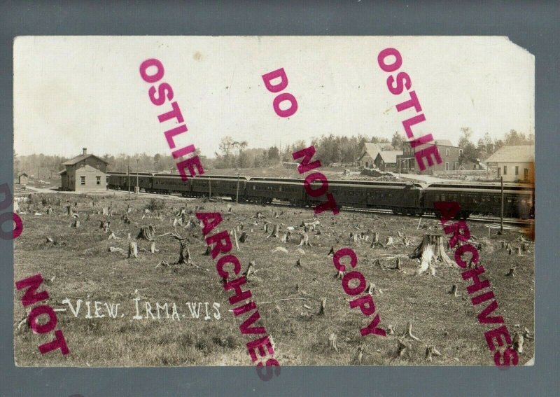 Irma WISCONSIN RPPC c1910 DEPOT TRAIN at STATION Main Street nr