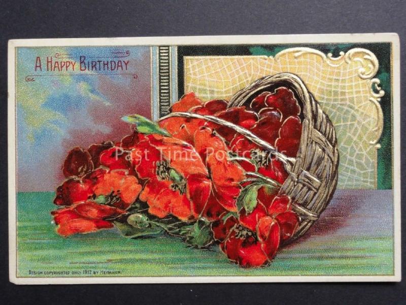 Embossed Poppies Postcard: Happy Birthday c1912 by Heymann - Donation to R.B.L.