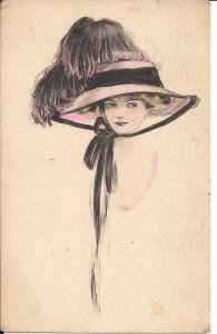 Beautiful Woman in Fancy Hat, 1910, Hand Tinted, Pretty Girl, Art