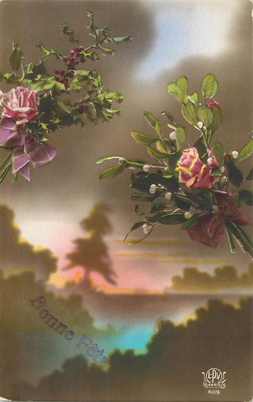 Floral vintage greetings postcard Happy Holiday pink rose branch Anvers Belgium