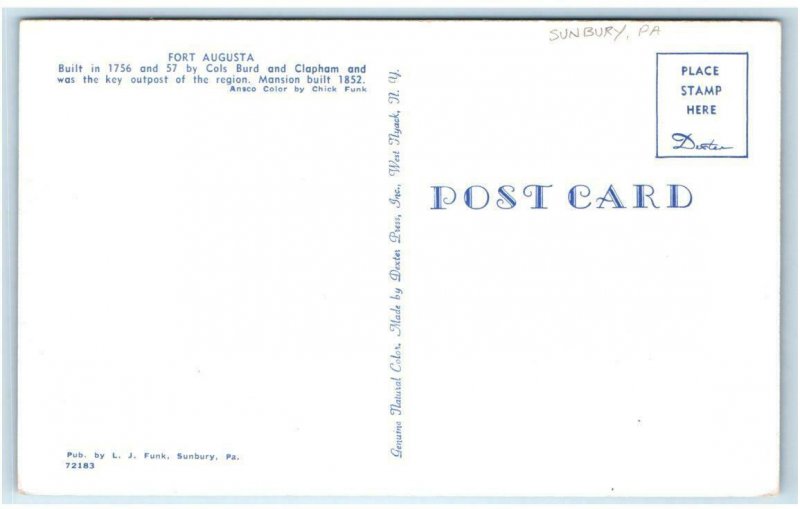 SUNBURY, PA ~ Historic FORT AUGUSTA c1950s Northumberland County Postcard 
