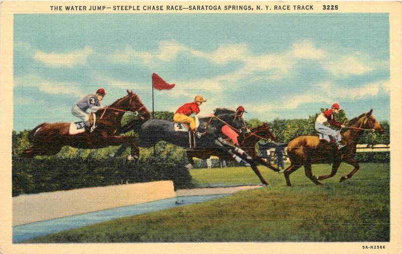 Linen Postcard; Horses at Water Jump Steeplechase Saratoga Springs NY Race Track