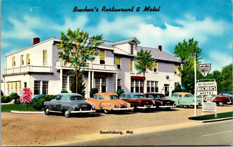 Vtg 1950s Bucher's Restaurant & Motel Emmitsburg Maryland MD Postcard