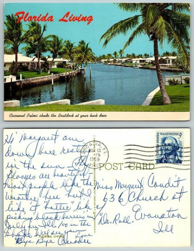 1969 Florida Living Palm Tree Shade Boatdock Canal FL Vintage Postcard