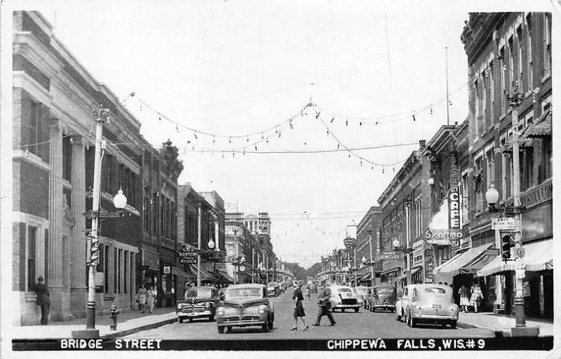 Chippewa Falls WI Bridge Street Store Fronts Real Photo RPPC Postcard