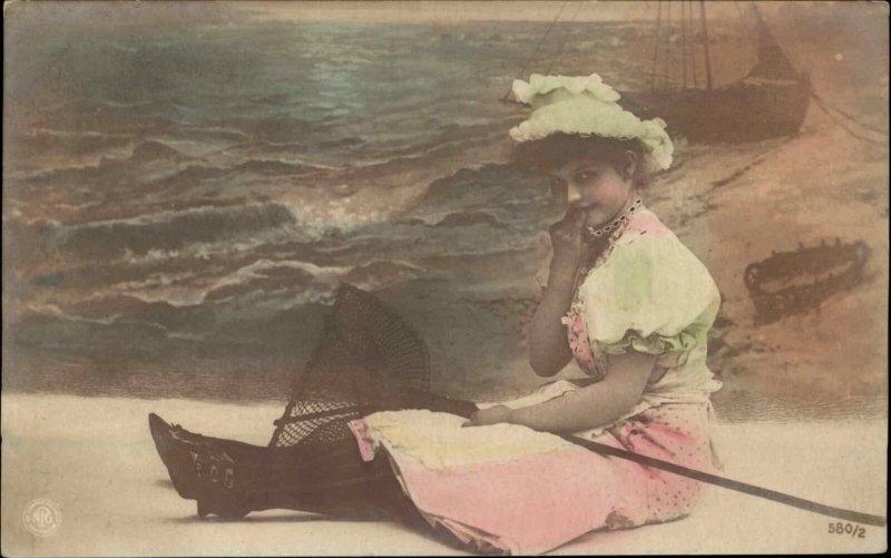 Pretty Woman in Studio Fishing Net Steglitz 1906 Real Photo Postcard