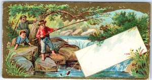 c1880s Boys Fishing Waterfall Unused Advertising Litho Gold Stock Trade Card C34