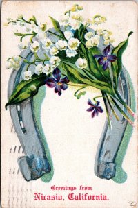 Horseshoe, Lily of the Valley, Greetings from Nicasio CA Vintage Postcard S80