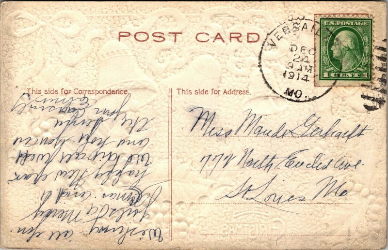 Vtg 1910s Cherub Ringing Gold Bells Holly Bough Christmas Greetings Postcard