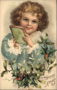 Christmas Pretty Little Girl Blonde Blue Eyes with Book c1910 Postcard