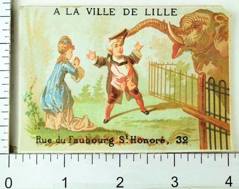 Lovely Zoo Scene Elephant Grabs Hat A La Ville De Lille Victorian Trade Card F86