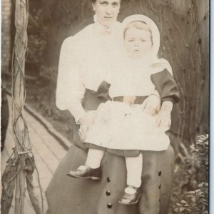 c1910s Outdoor Elegant Mother RPPC Baby Boy in Dress Refined Lady Photo A142