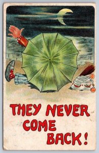 They Never Come Back! Swimming At Night, Antique Art Postcard, Hand Canceled