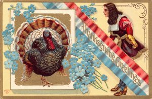 Thanksgiving Greeting 1910 Turkey Forget-me-mot Flowers embossed postcard B989