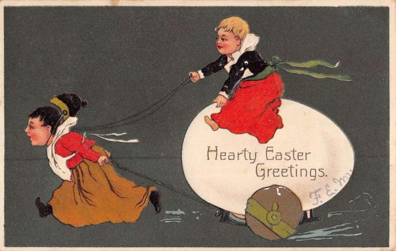 Easter Greeting Children Egg Cart Antique Postcard K78544