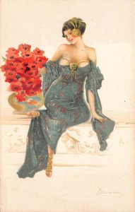 BEAUTIFUL WOMAN FLOWERS GLAMOUR ARTIST SIGNED PIROVANO ITALY POSTCARD (c. 1910)