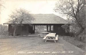 Britt Iowa~Eagle Lake State Park~Picnic Tables by Shelter House~1940s RPPC