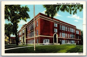 Vtg Bath Maine ME Morse High School Building 1940s View Linen Postcard