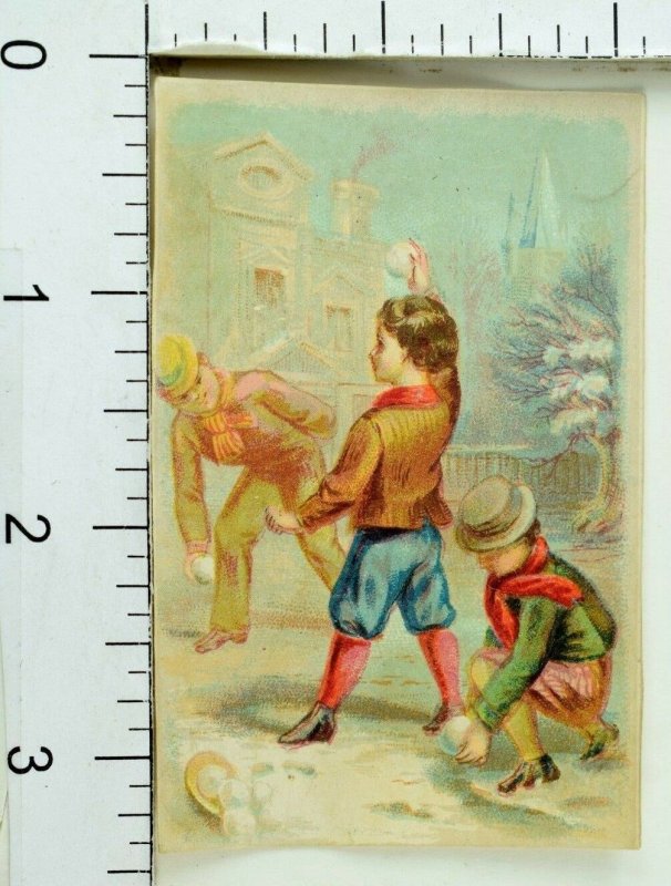 1870's-80's Lovely Winter Snowball Fight Kids Christmas Scene Victorian Card F80 