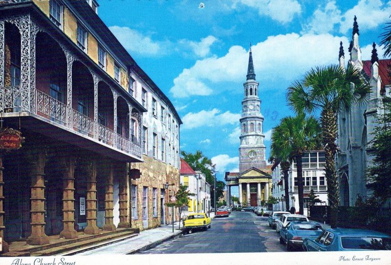 VINTAGE POSTCARD CONTINENTAL SIZE VIEW SCENE ALONG CHURCH STREET CHARLESTON SC