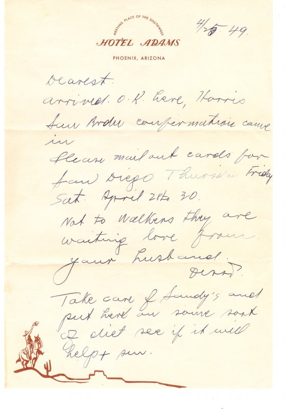 DOLLAR BOX - Hotel Adams – Phoenix AZ – letterhead / letter – 1949