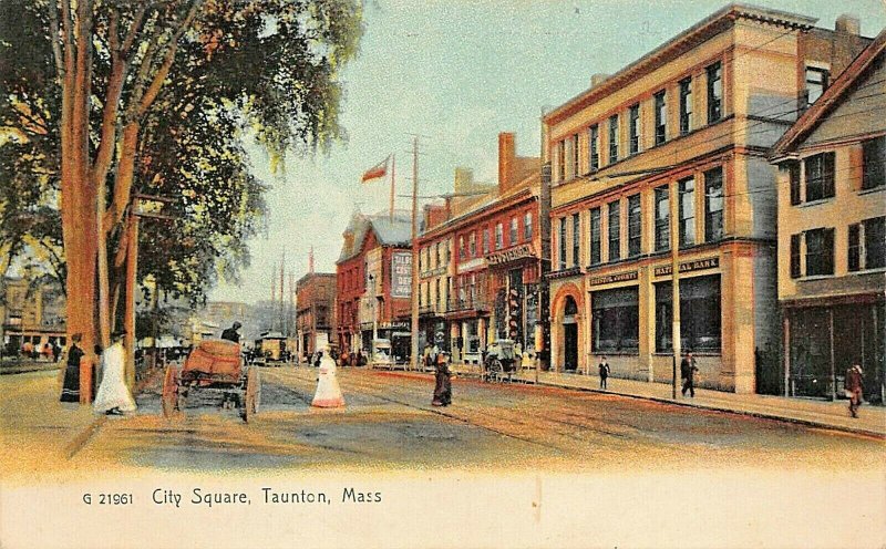 TAUNTON MA~CITY SQUARE-TROLLEY-STOREFRONTS~1900s ROTOGRAPH TINTED PHOTO POSTCARD