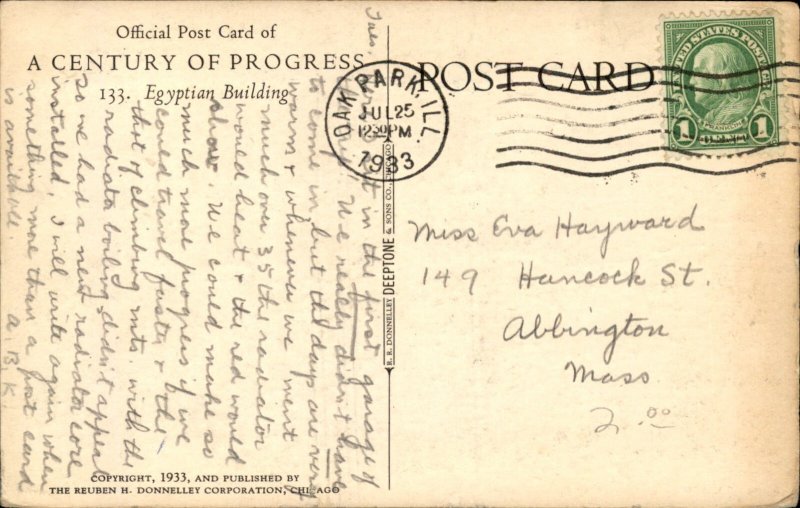 Chicago IL Worlds Fair Century Progress Egyptian Bldg c1933 Vintage Postcard