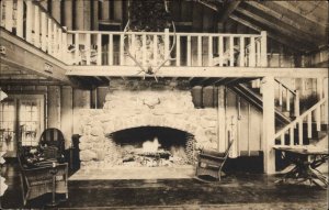 Yorks Lodge Village Interior Fireplace Rangeley Maine ME Bicknell RPPC Postcard