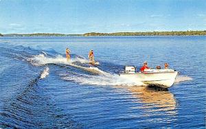 KAUNEONGA LAKE NEW YORK~WATER SKIING IS FUN SPORT-RUNABOUT BOAT POSTCARD