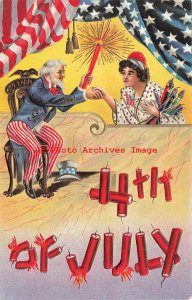 July 4th, Santway No 129-4, Uncle Sam Shaking Lady Columbia's Hand, Fireworks