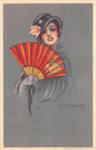 Beautiful Lady with Red Orange Fan Artist Signed Adelina Zandrino PC AA69952