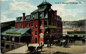 Postcard PA Pittsburgh Baltimore & Ohio Railway Station Carriages 1914 M74