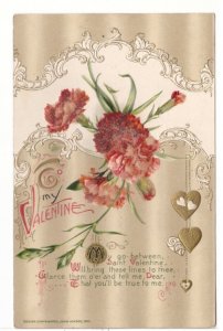 To My Valentine, Textured Carnations, Antique Embossed 1913 John Winsch Postcard