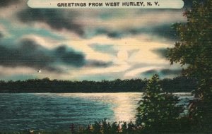 Vintage Postcard 1944 Greetings from West Hurley NY New York Moon over Lake Scen