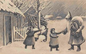Santa Claus Meets Children Outside Home Merry Christmas Denmark 1907 postcard
